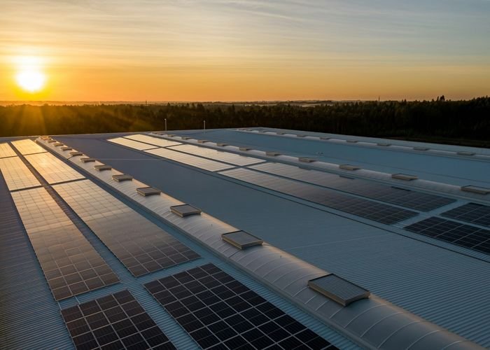 Rooftop solar array at first light